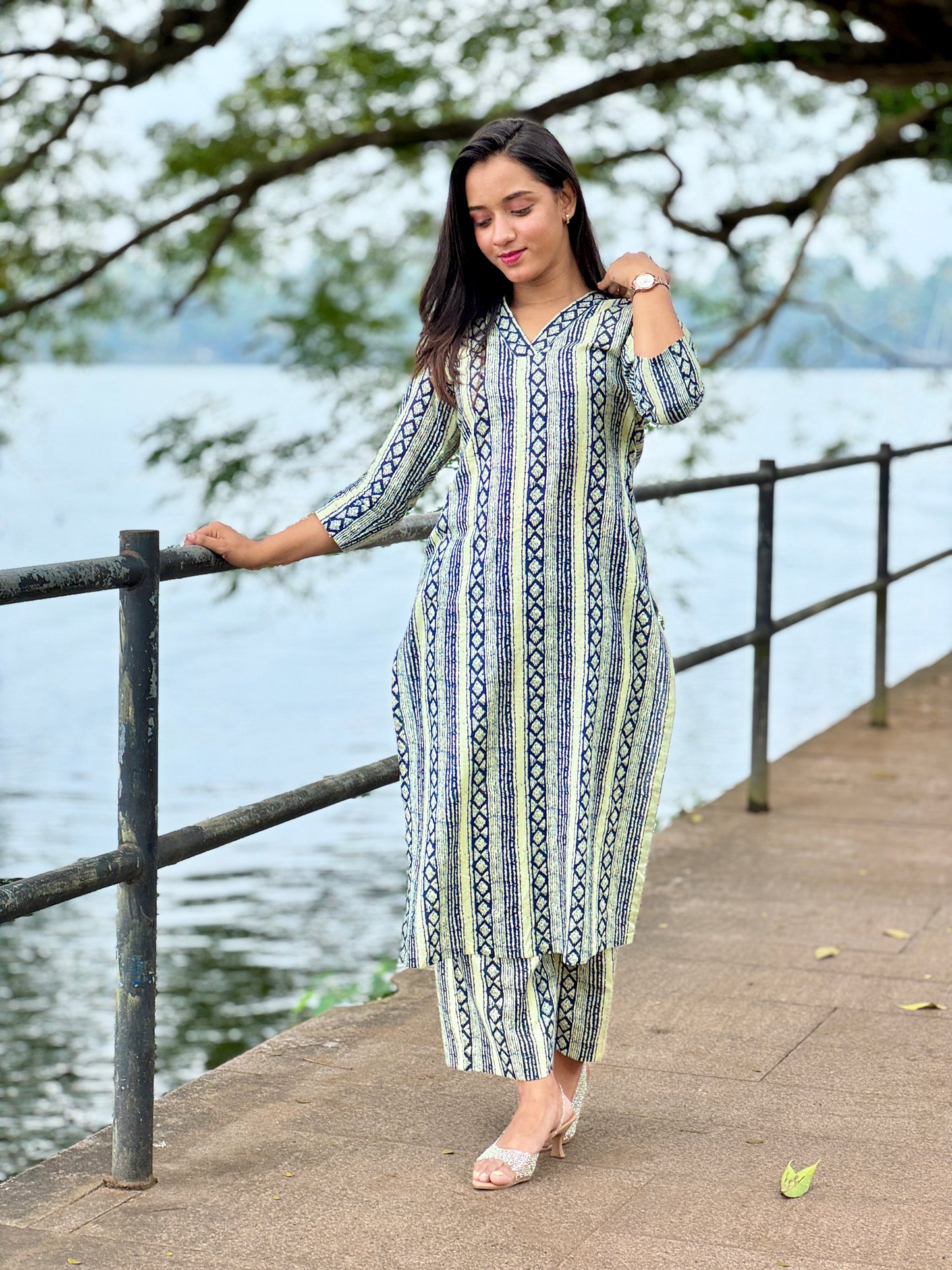 Cotton blue stripe kurta and palazzo set