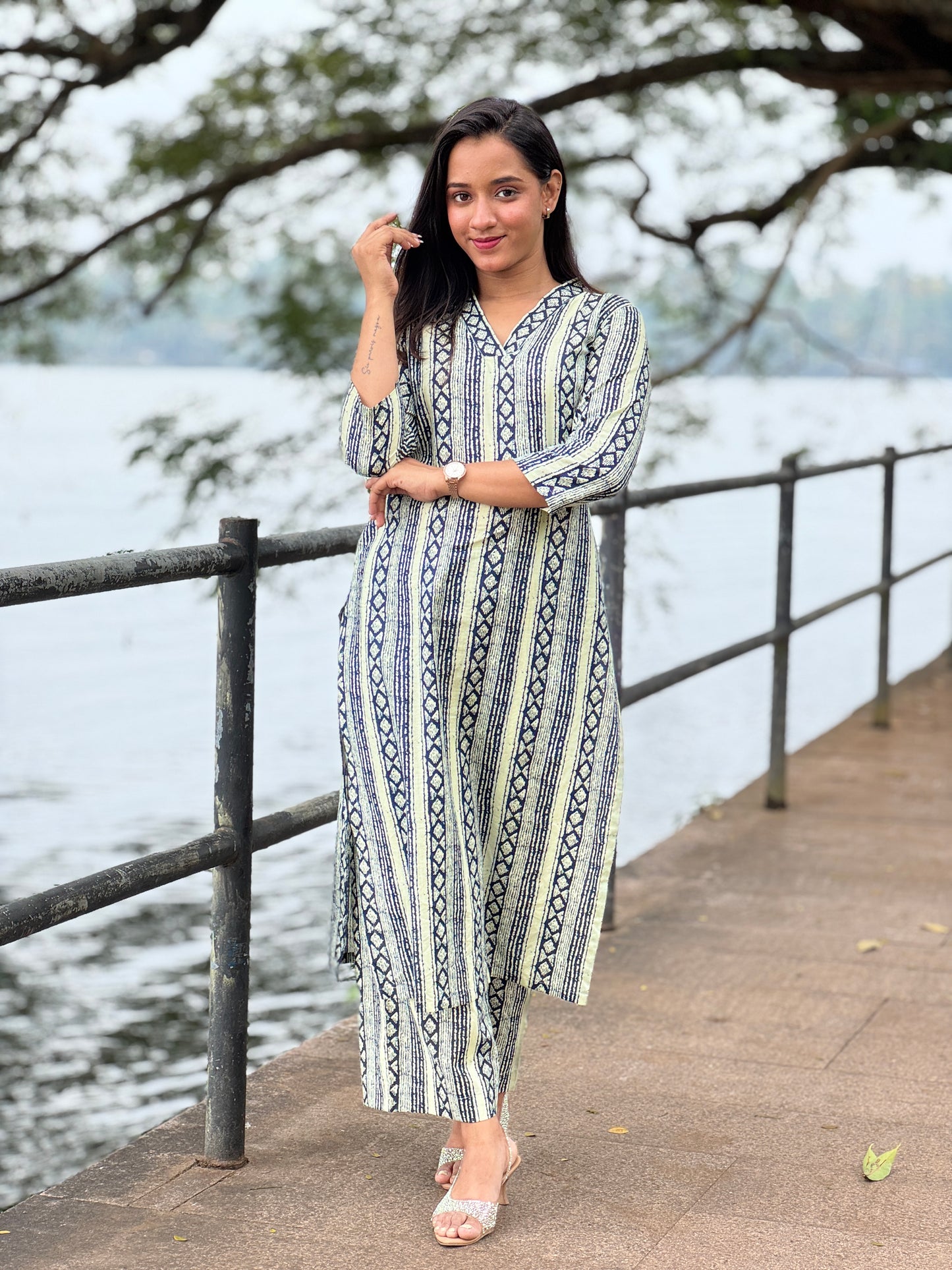 Cotton blue stripe kurta and palazzo set