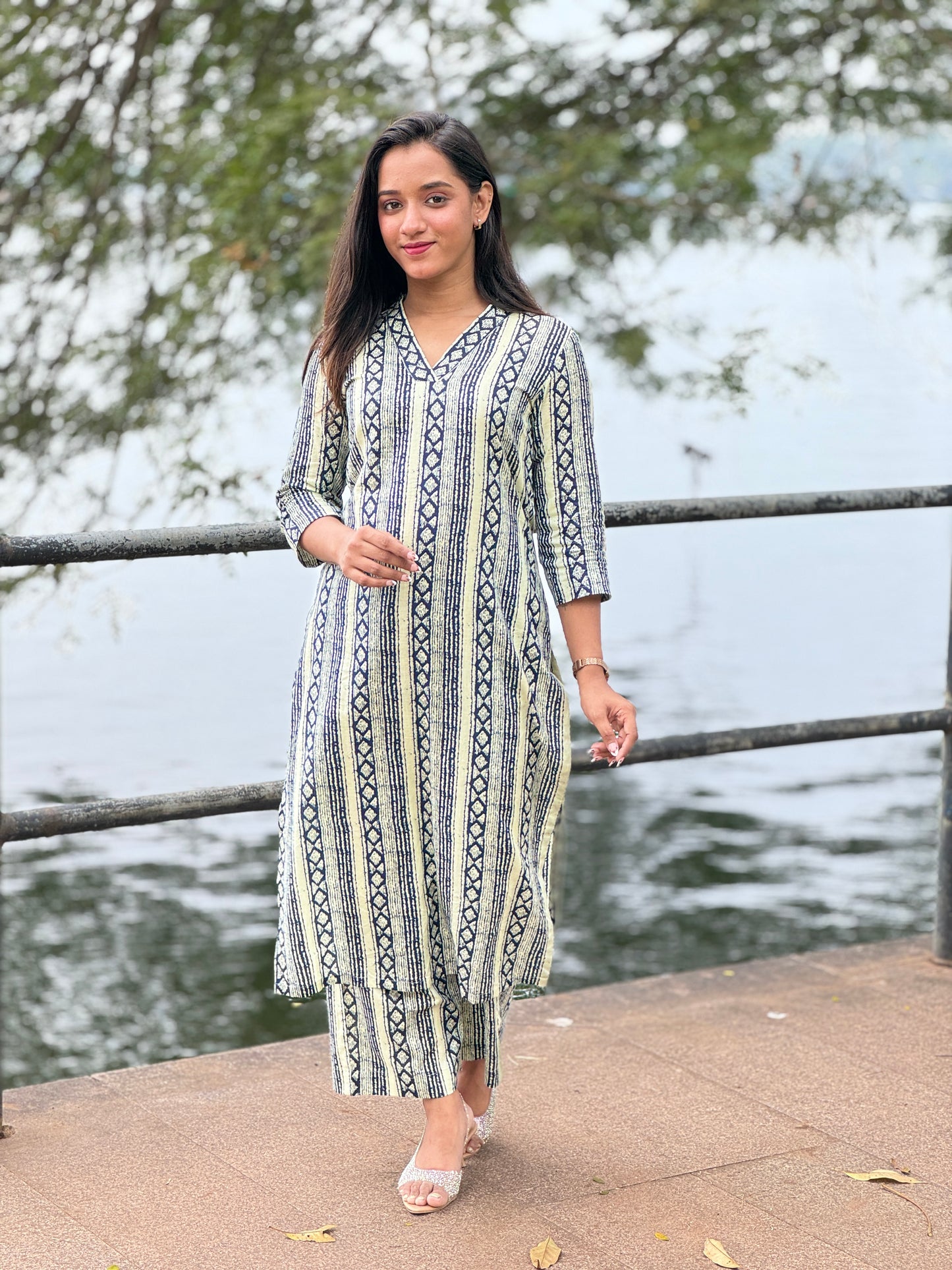 Cotton blue stripe kurta and palazzo set