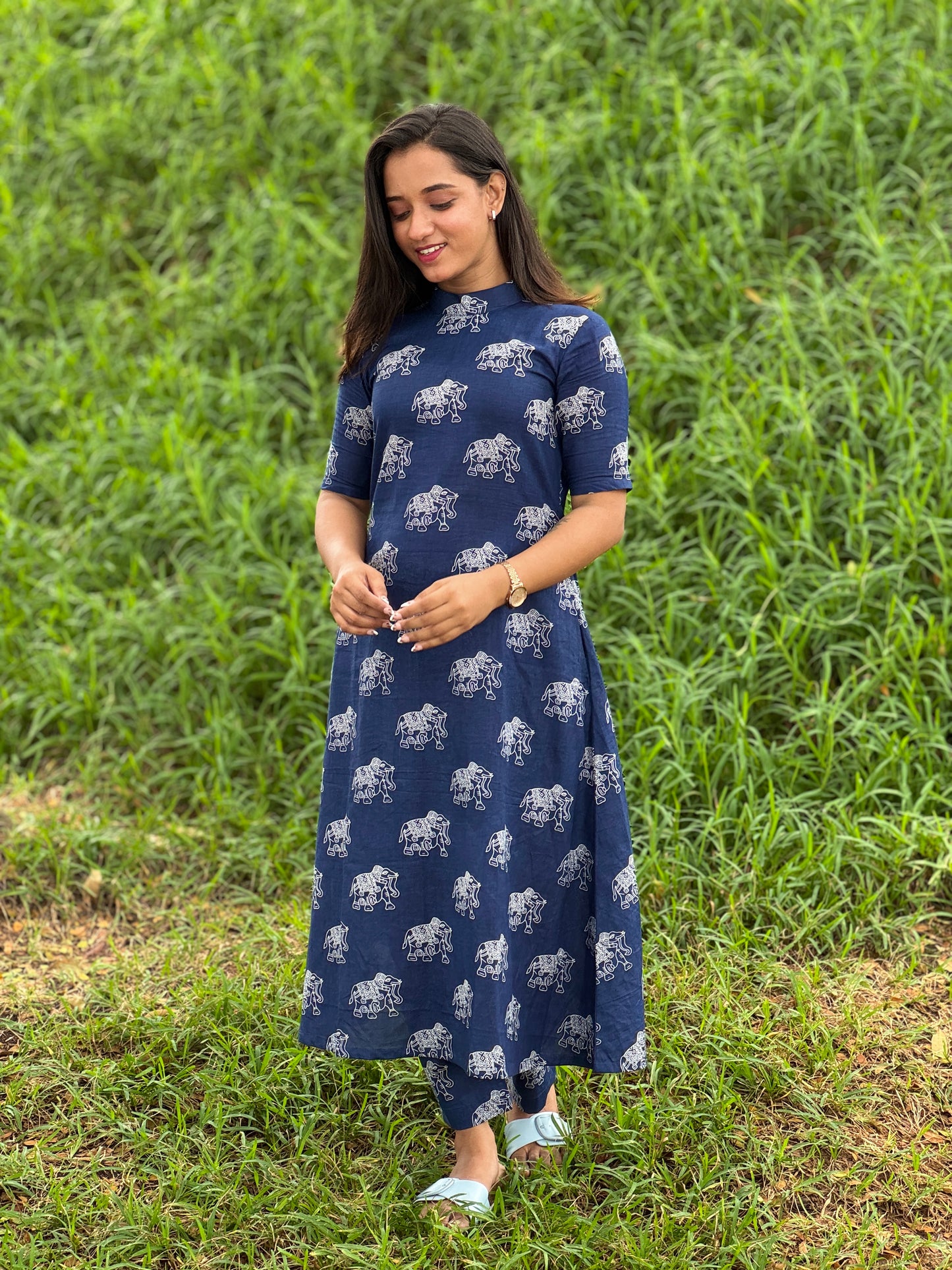 Indigo Elephant printed Aline Coord Set