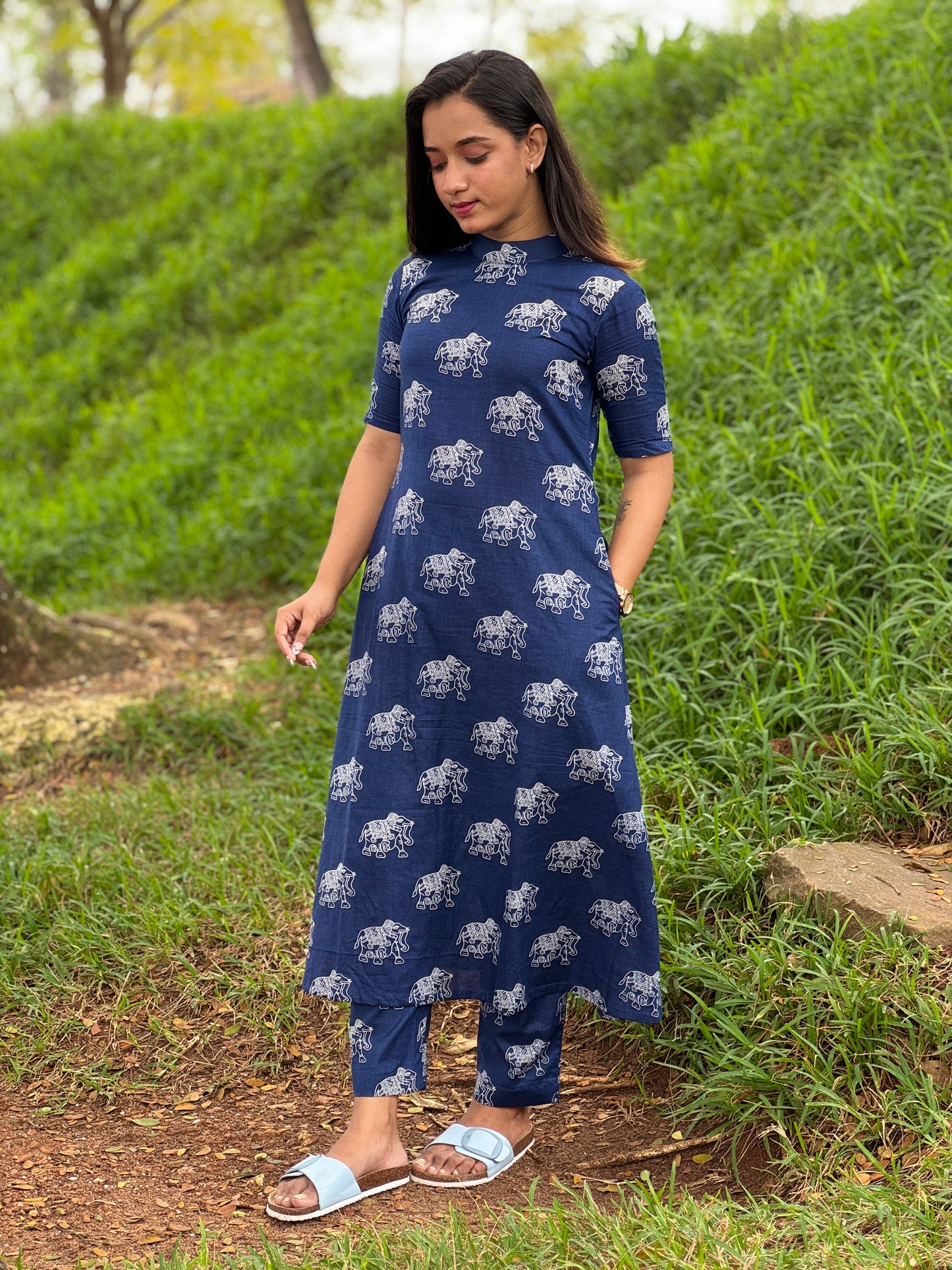 Indigo Elephant printed Aline Coord Set