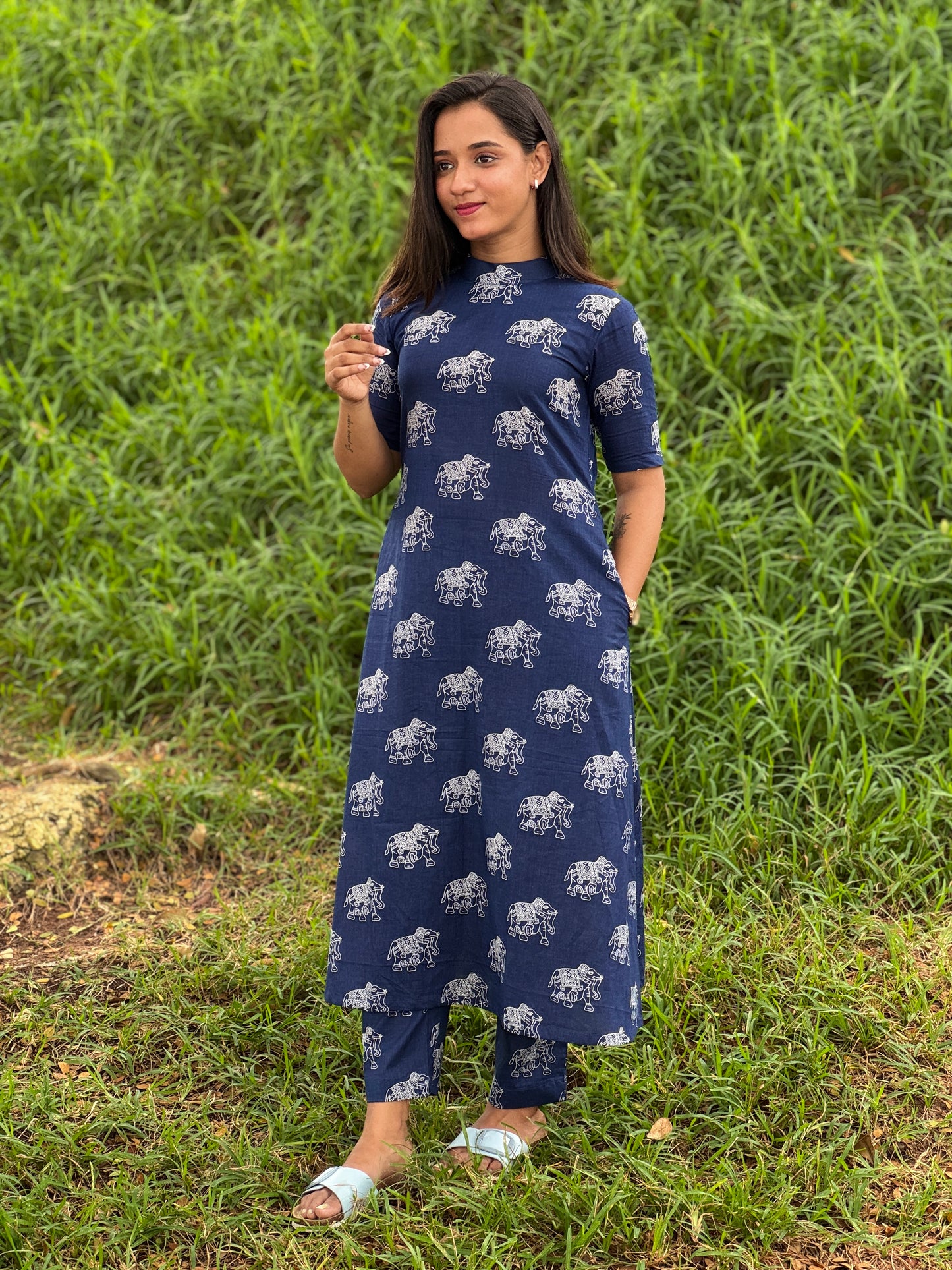 Indigo Elephant printed Aline Coord Set