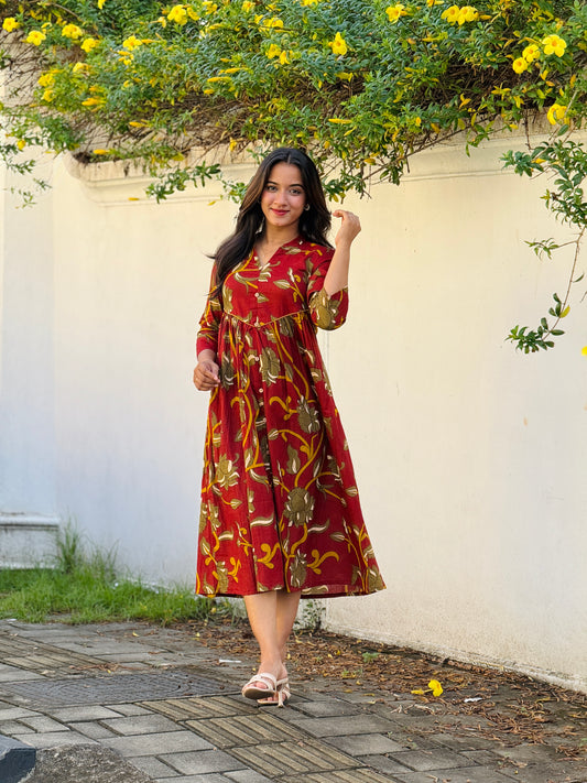 “KALAMKARI” Inspired Printed Flared Cotton Dress/Kurta