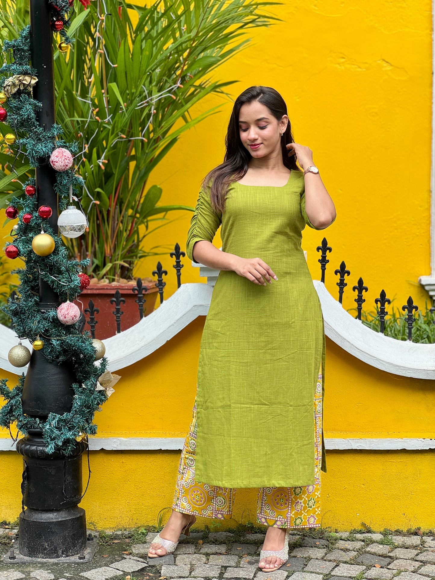 Parrot green plain kurta with printed palazzo