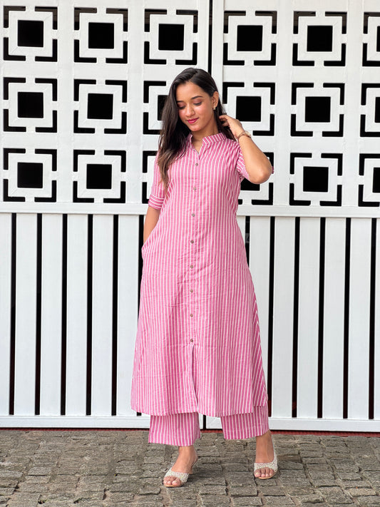 Pink and white stripe pattern cotton kurta and palazzo set