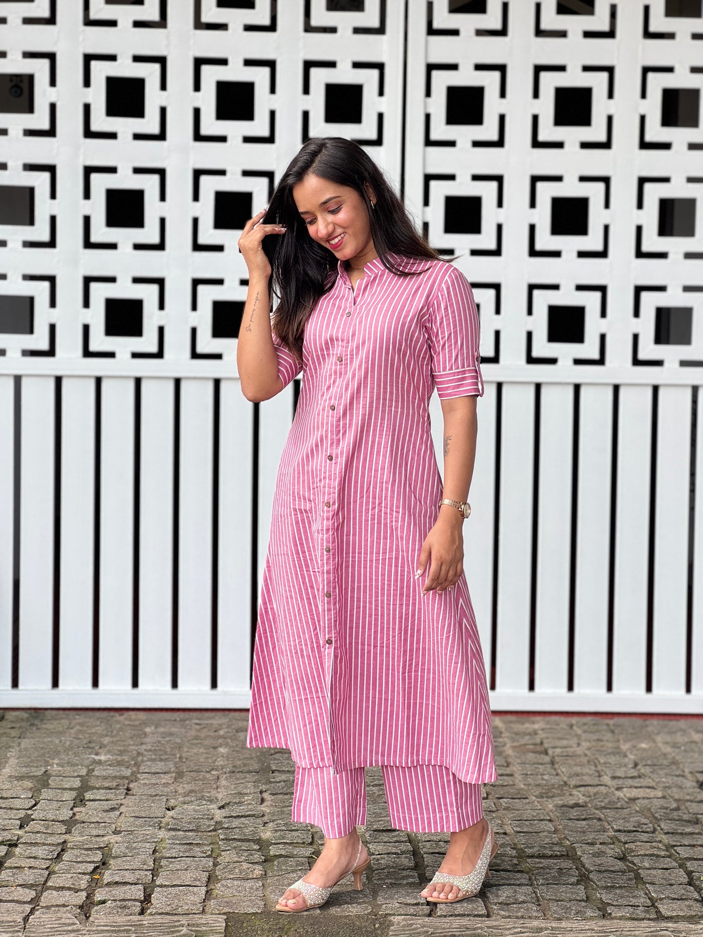 Pink and white stripe pattern cotton kurta and palazzo set