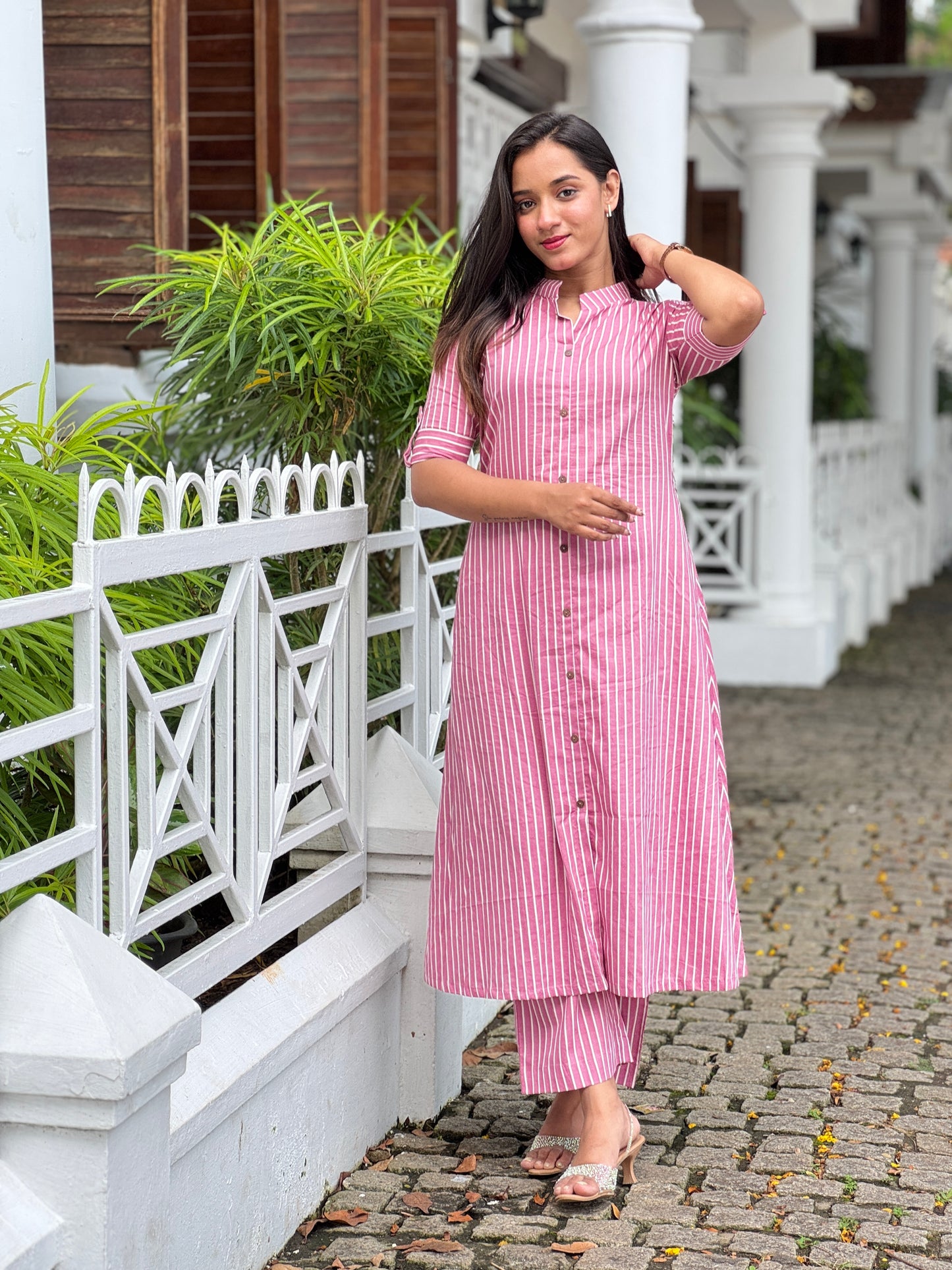 Pink and white stripe pattern cotton kurta and palazzo set