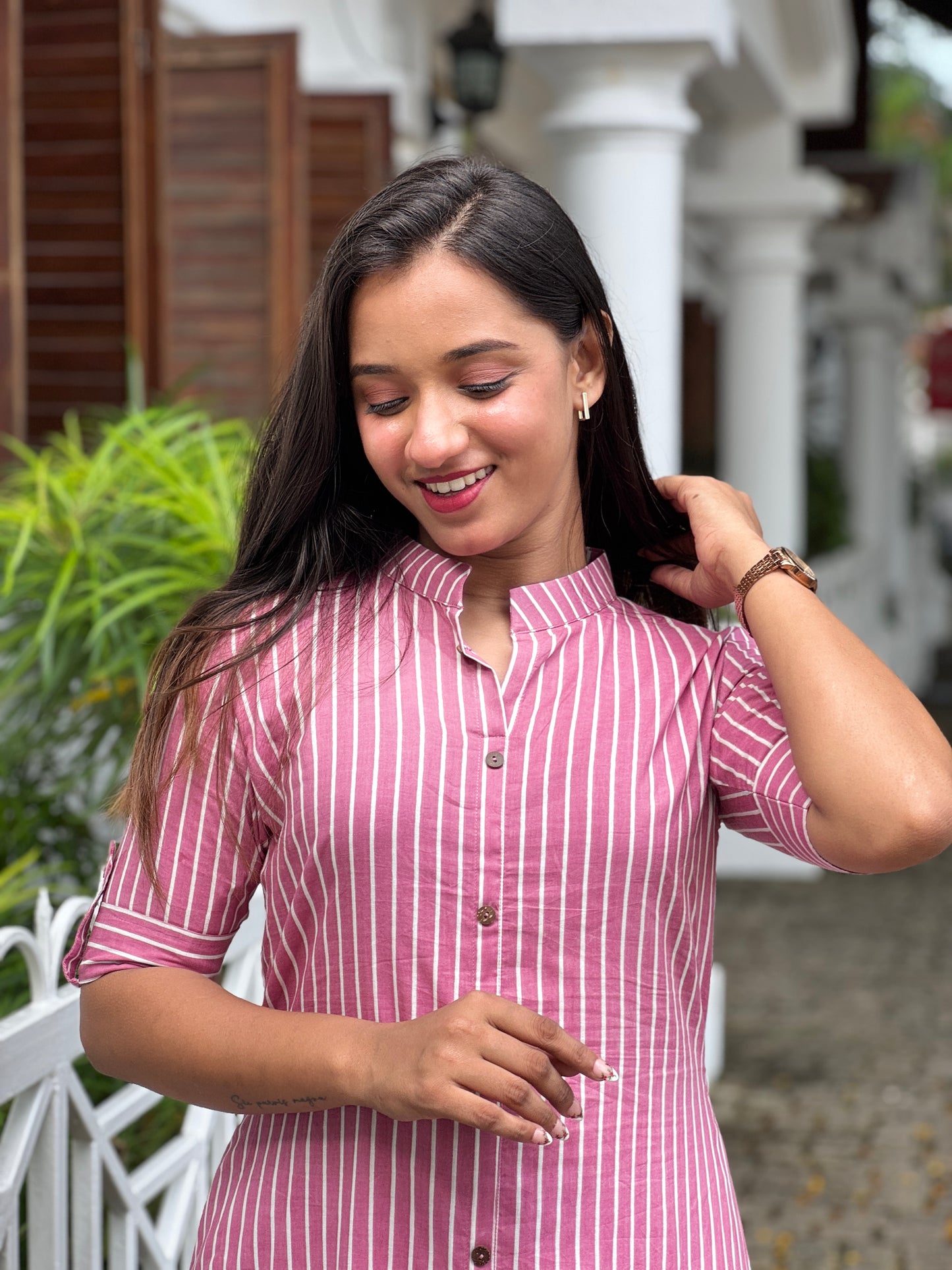 Pink and white stripe pattern cotton kurta and palazzo set