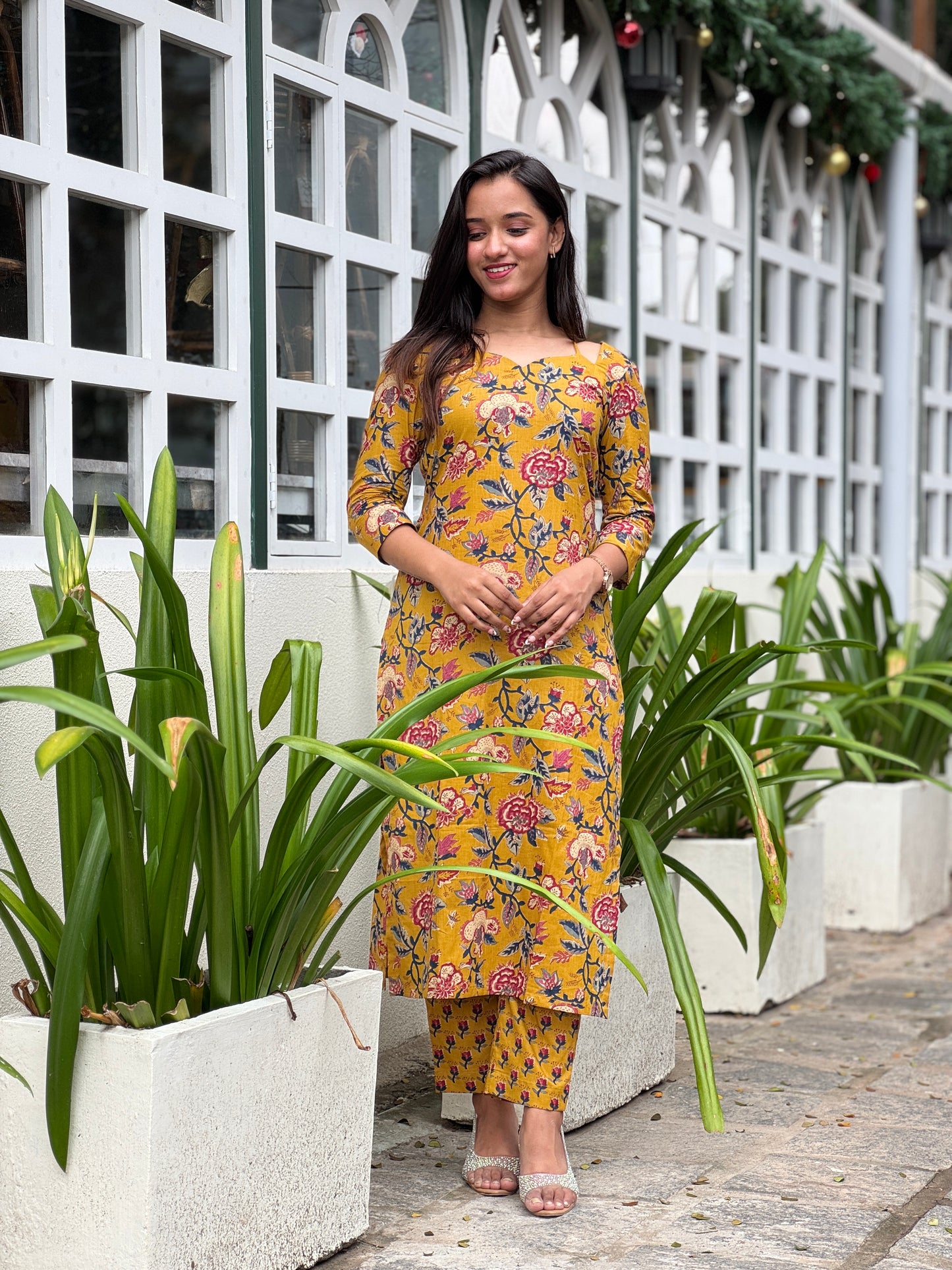 Mustard yellow floral kurta and pant set