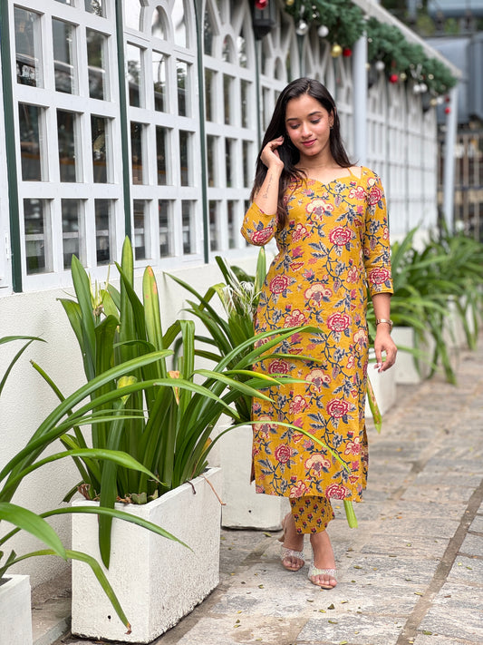 Mustard yellow floral kurta and pant set