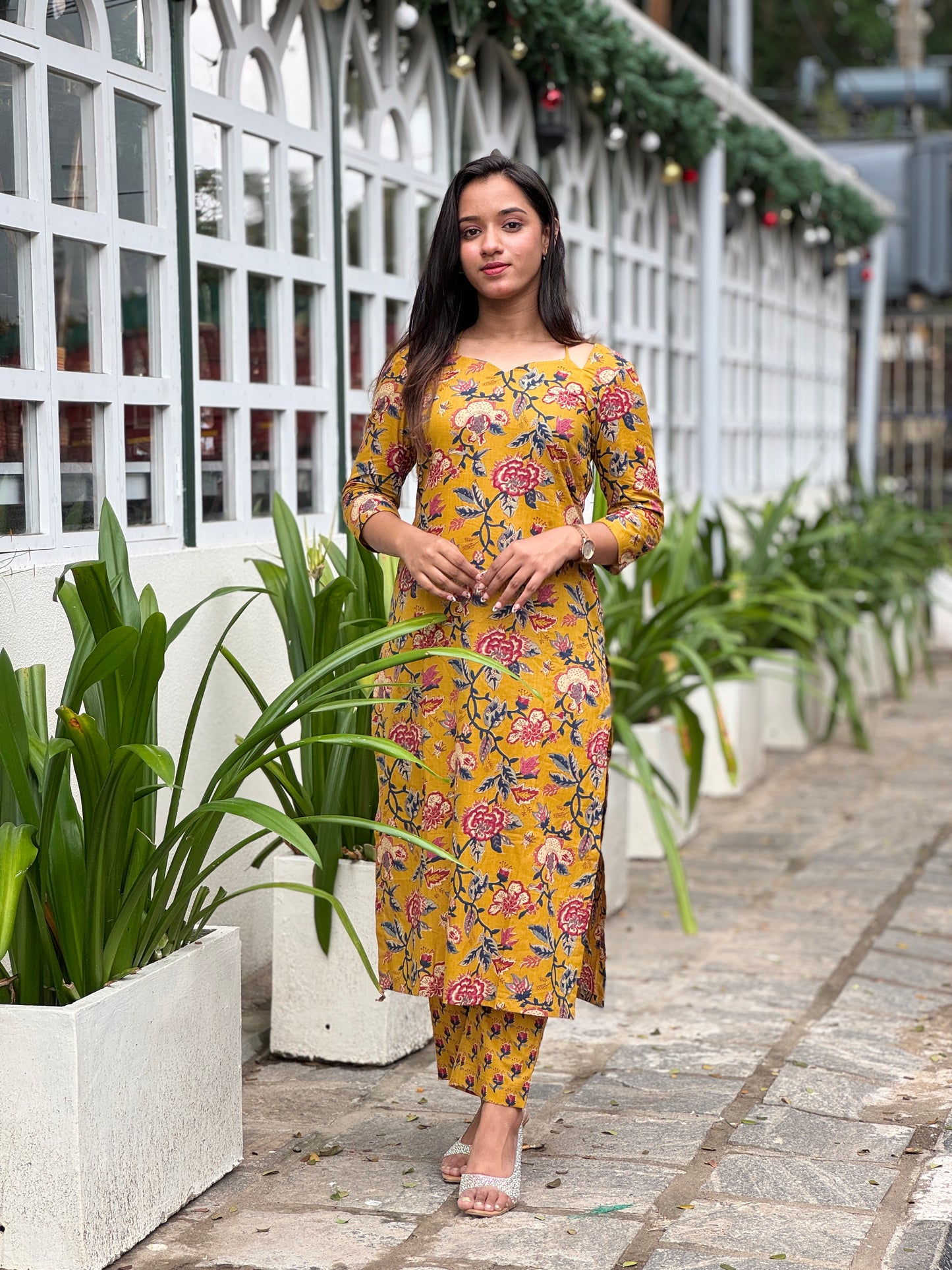 Mustard yellow floral kurta and pant set