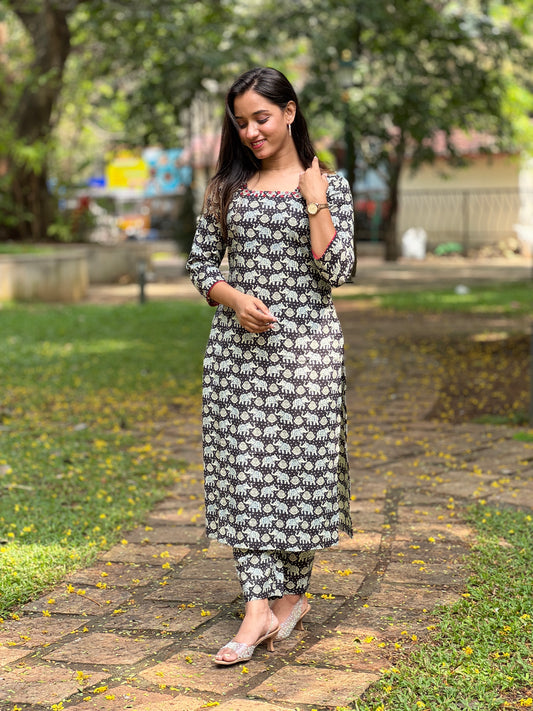 Black elephant printed with mirror worked cotton kurta and pant set