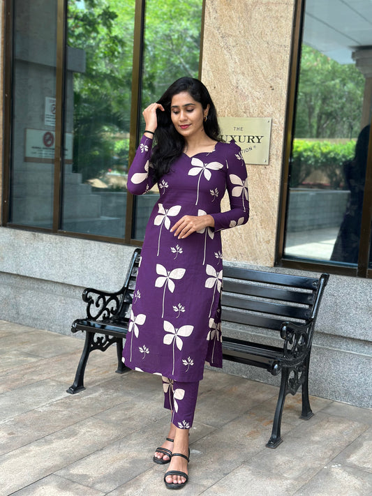 Purple Floral Printed Soft Cotton Kurta and Pant Set