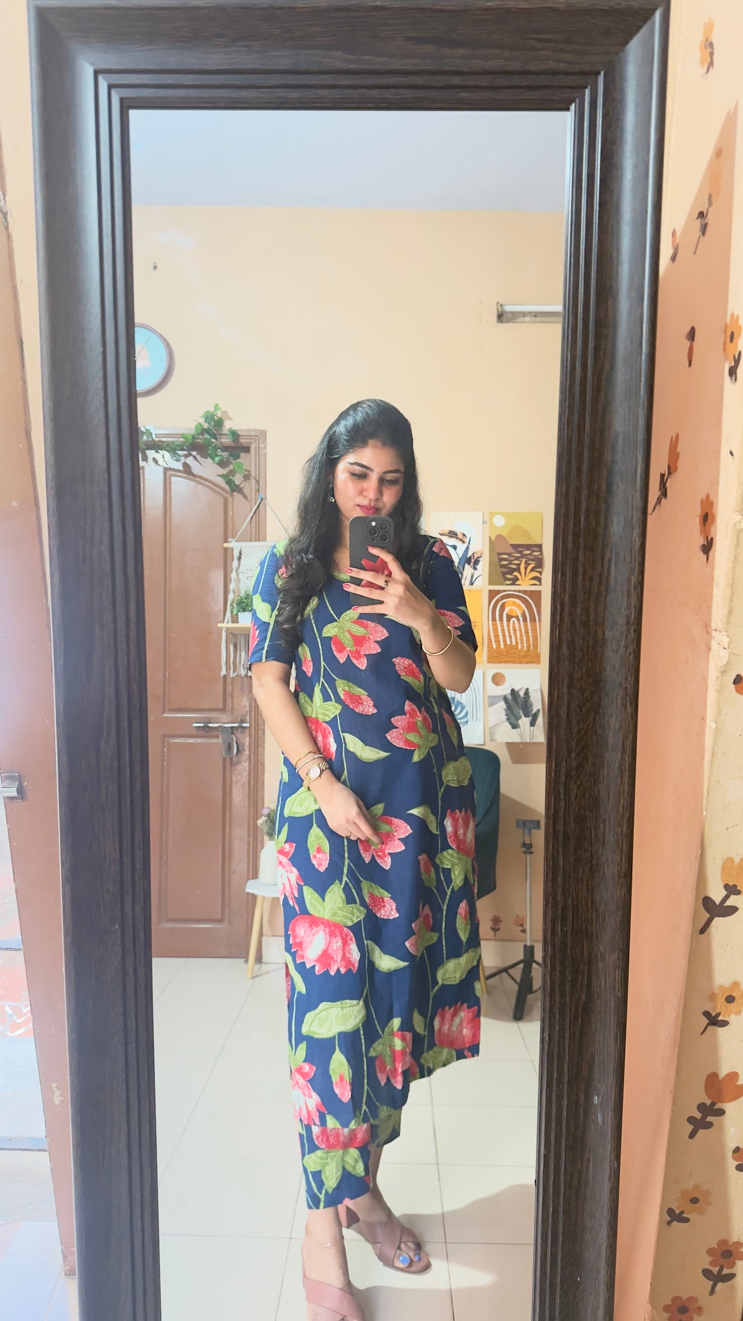 Blue Lotus Print Cotton Kurta and Pant Set