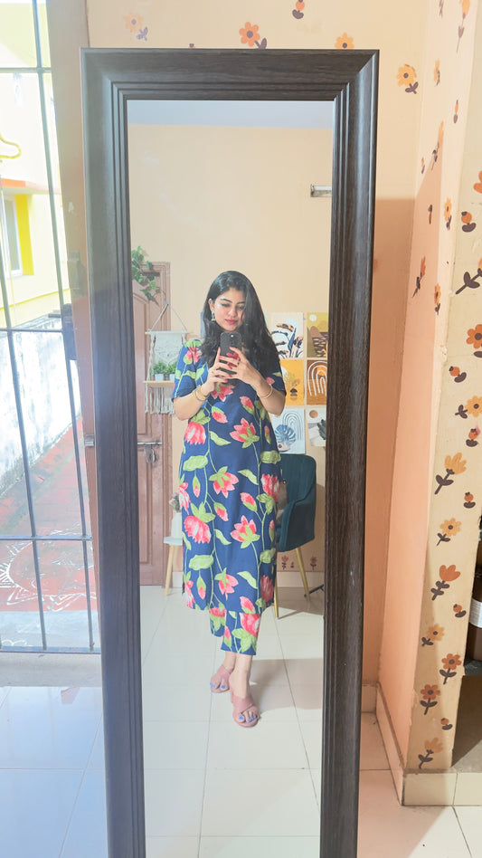 Blue Lotus Print Cotton Kurta and Pant Set