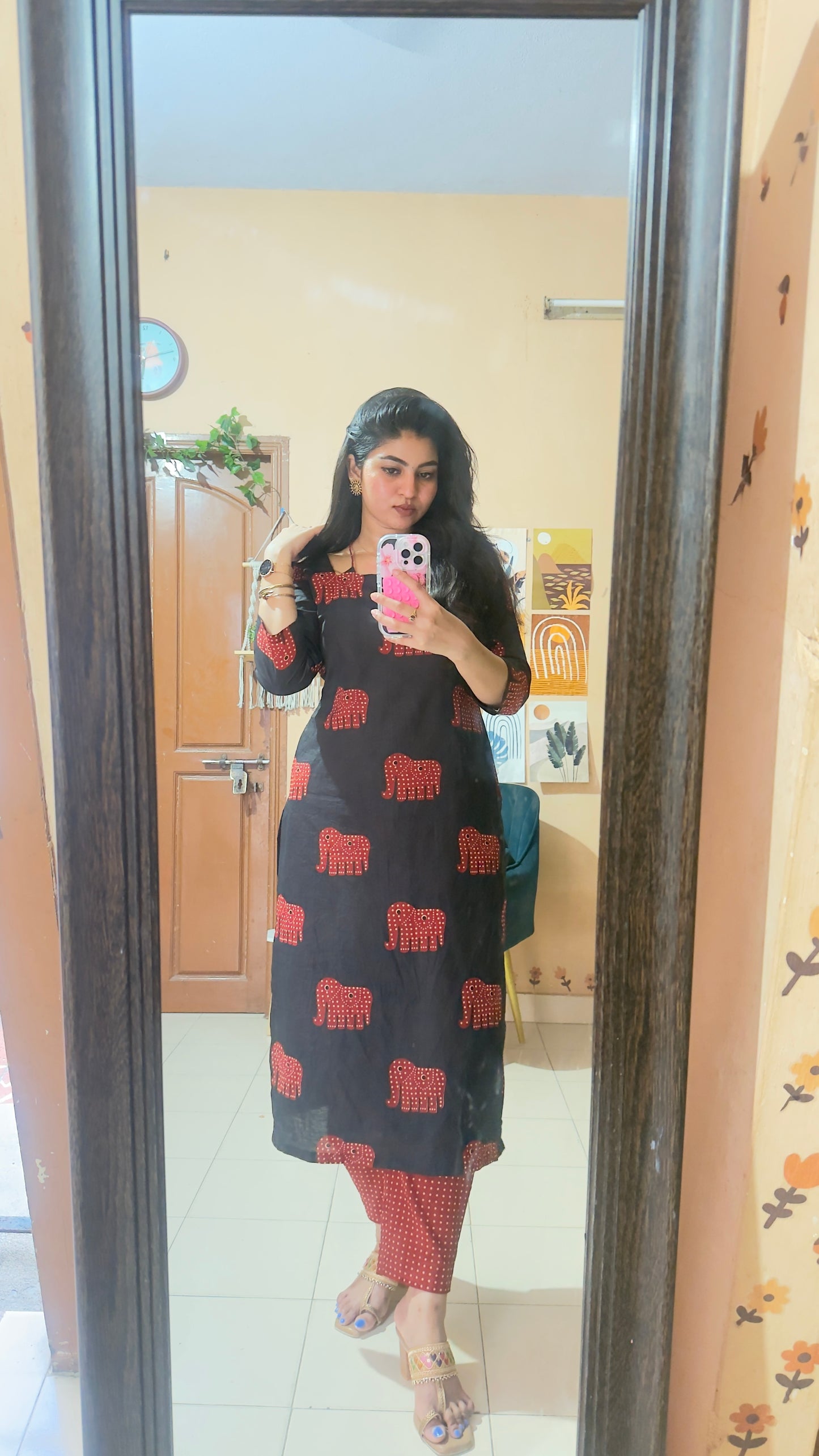 Black with Red Polka Elephant Printed Kurta Pant Set
