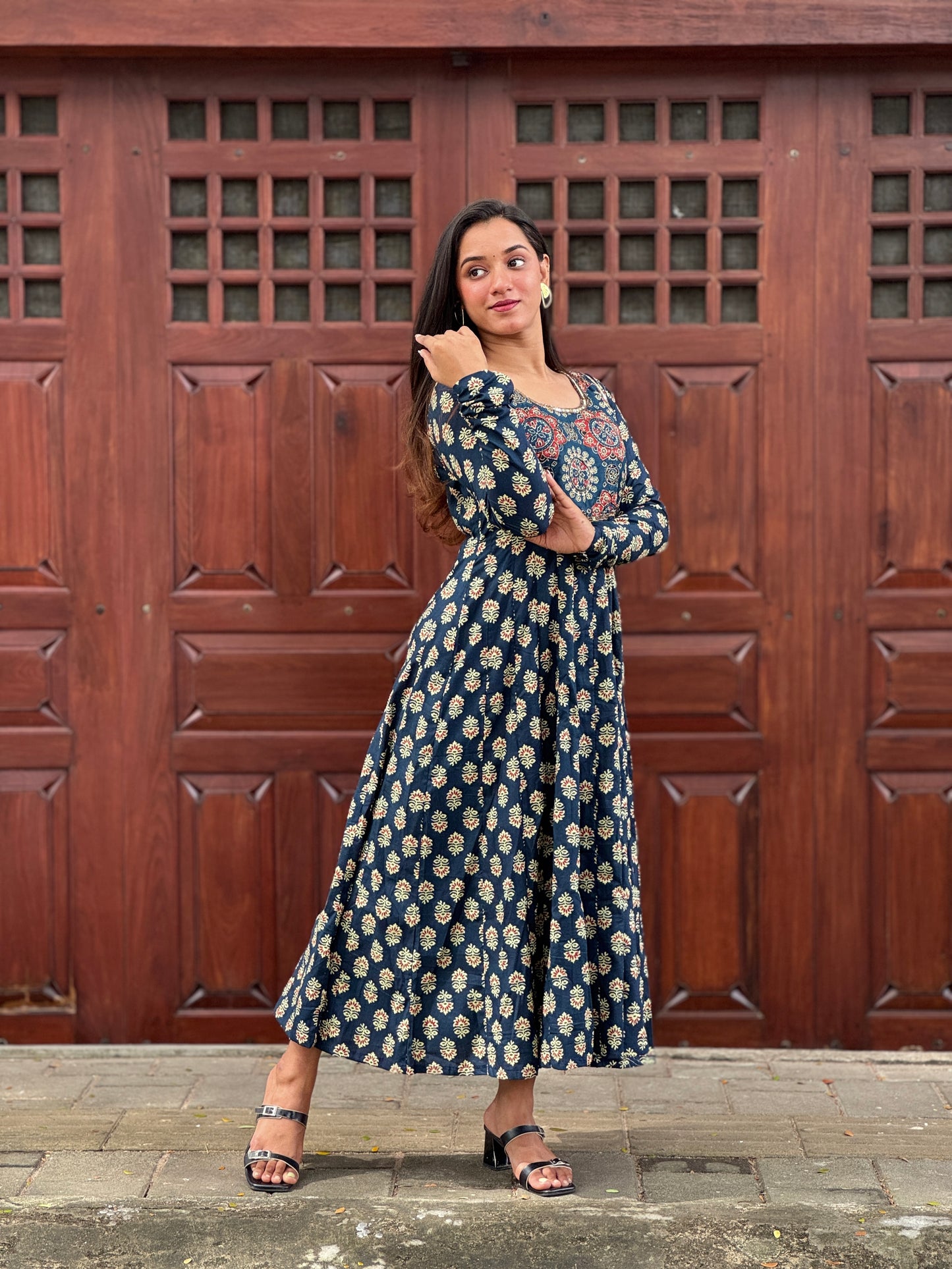 Blue Cotton handworked panel cut anarkali