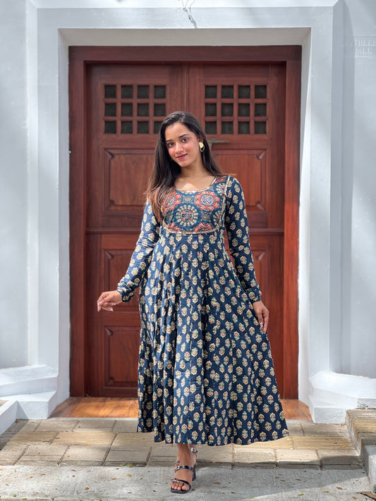 Blue Cotton handworked panel cut anarkali