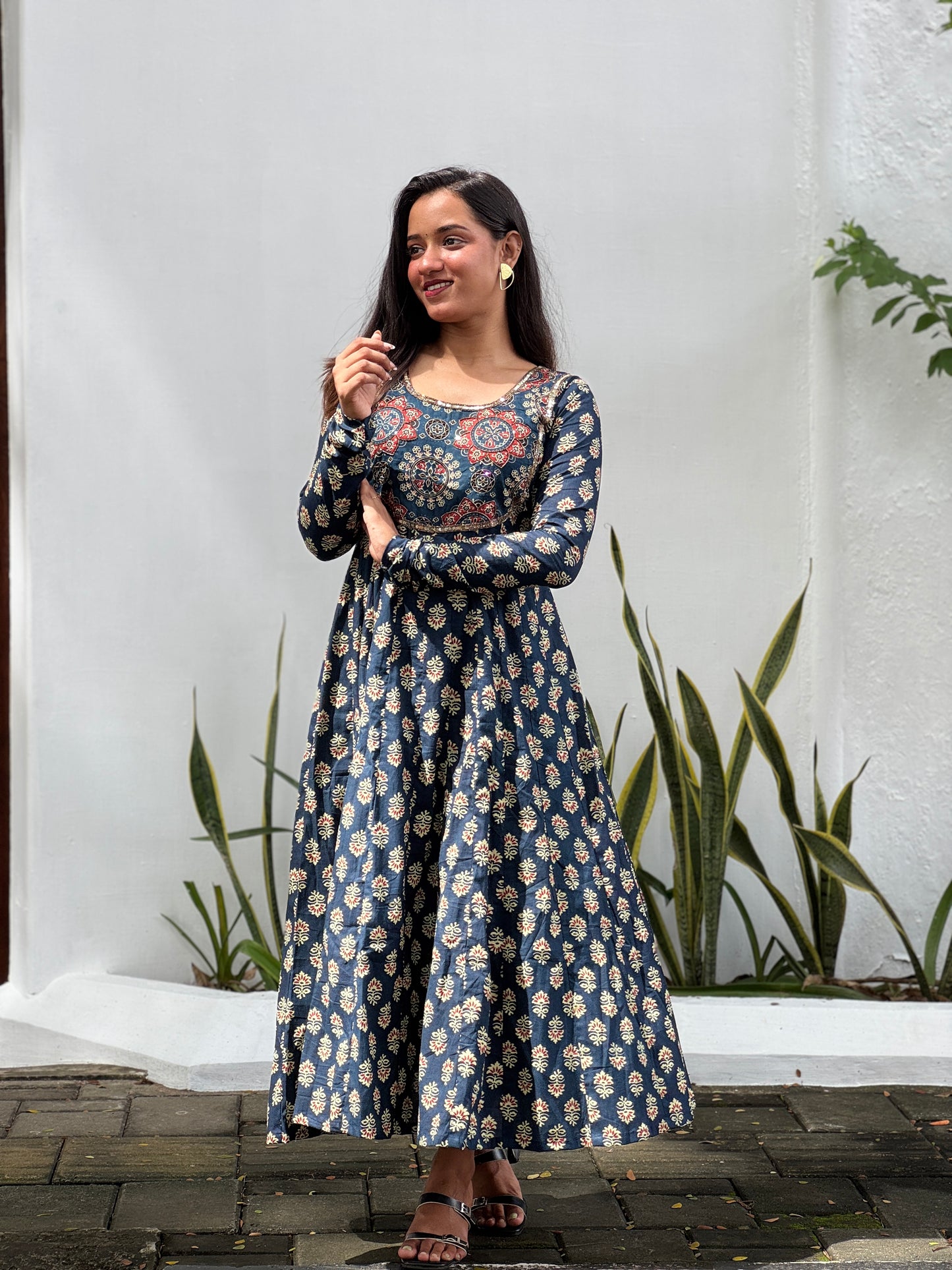 Blue Cotton handworked panel cut anarkali