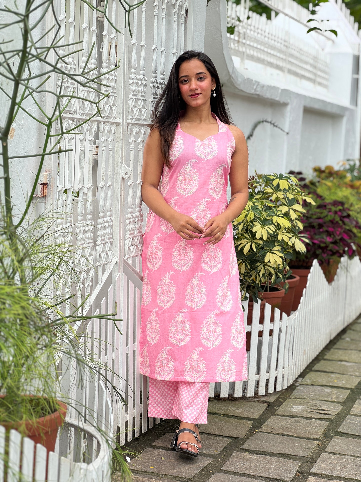 Pink Soft Cotton Halter Neck kurta and pant set