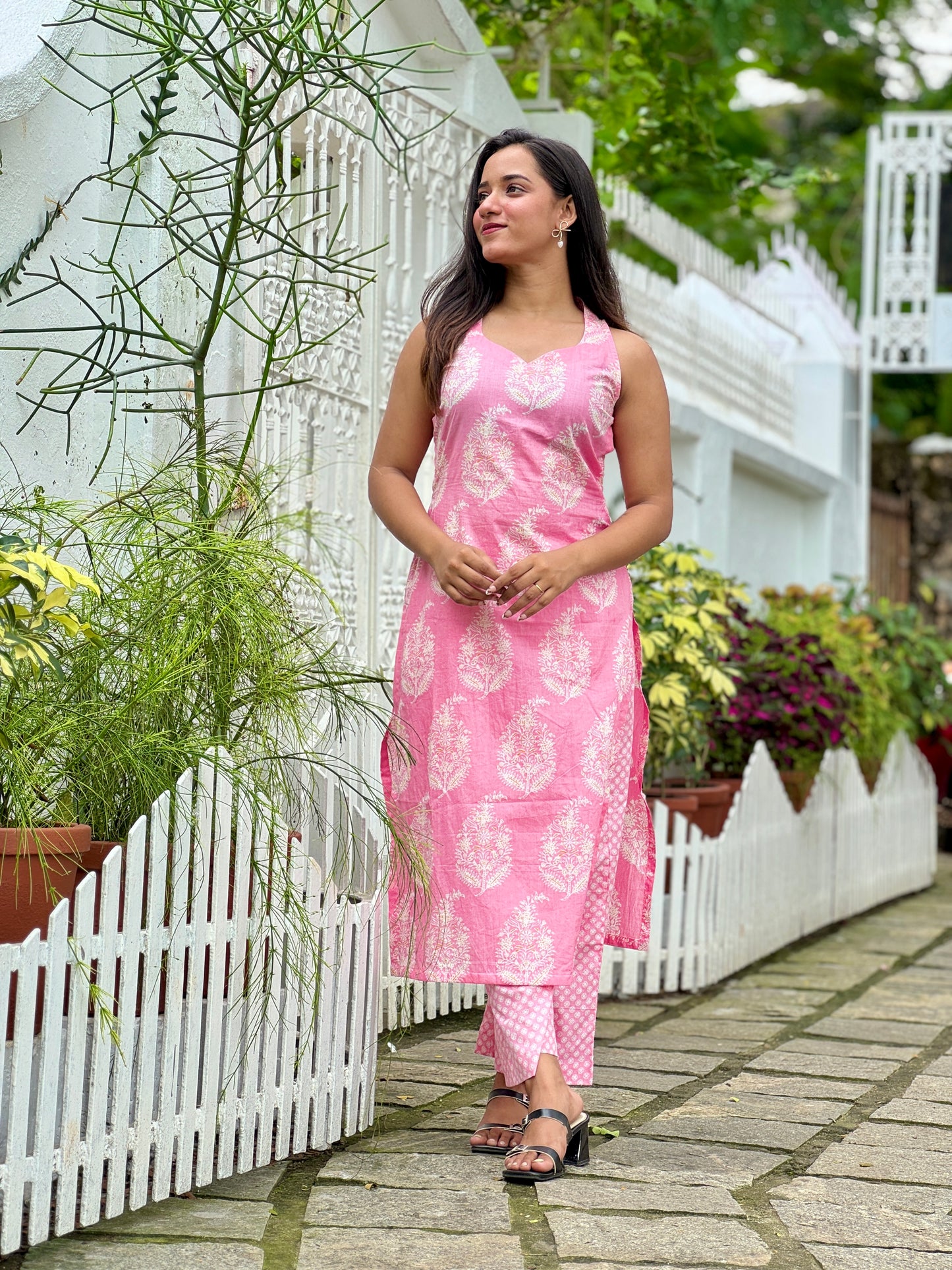 Pink Soft Cotton Halter Neck kurta and pant set