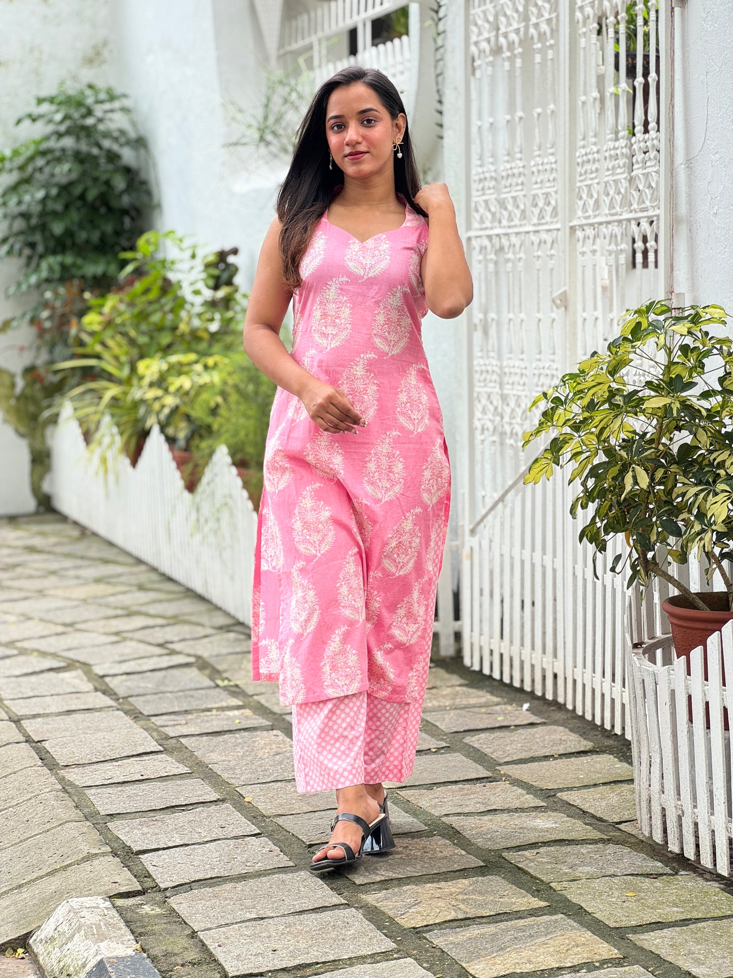 Pink Soft Cotton Halter Neck kurta and pant set