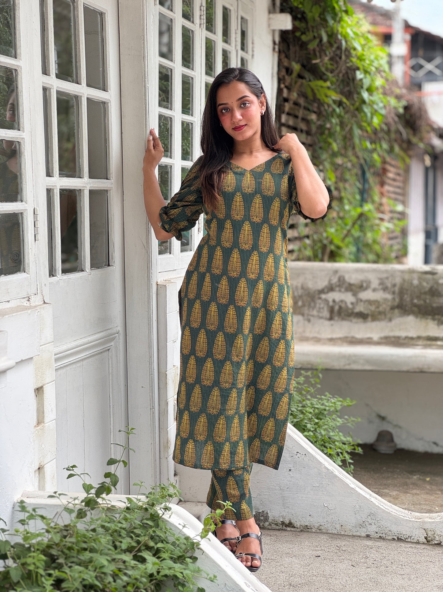 Ajrakh kantha green handblock printed kurta and pant set