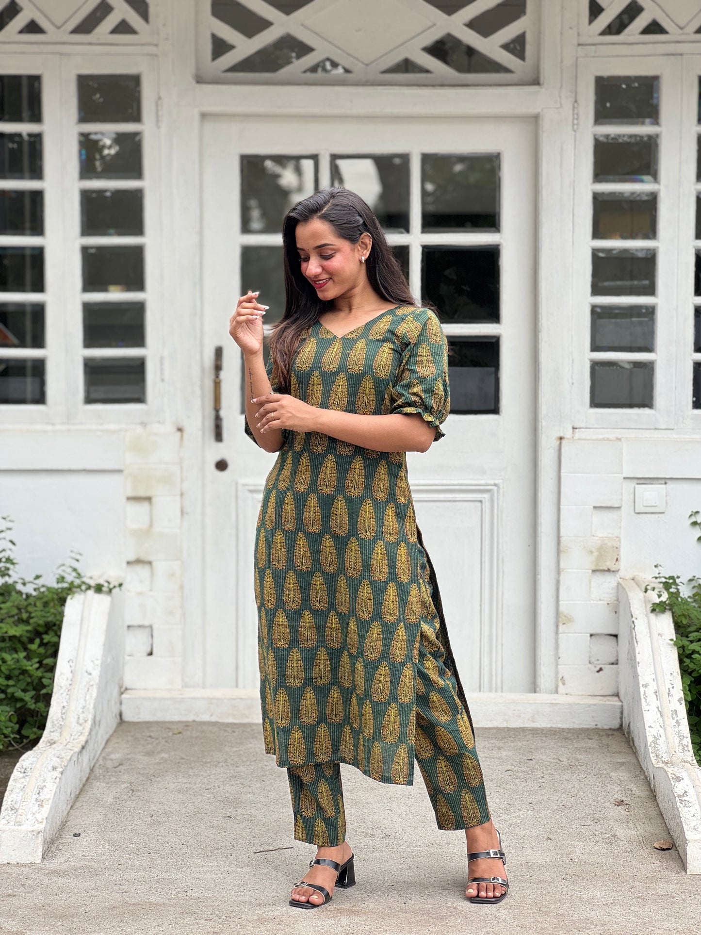 Ajrakh kantha green handblock printed kurta and pant set