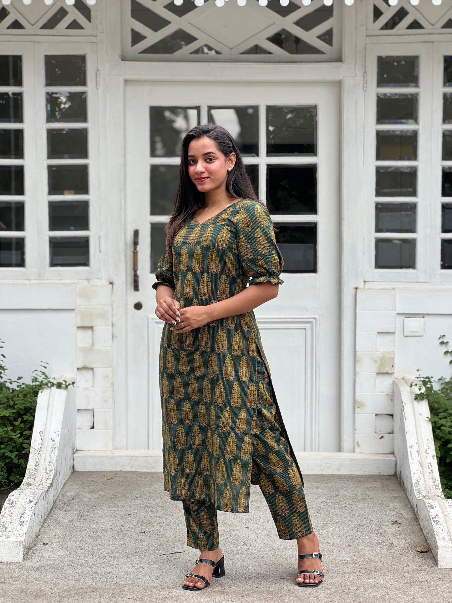 Ajrakh kantha green handblock printed kurta and pant set