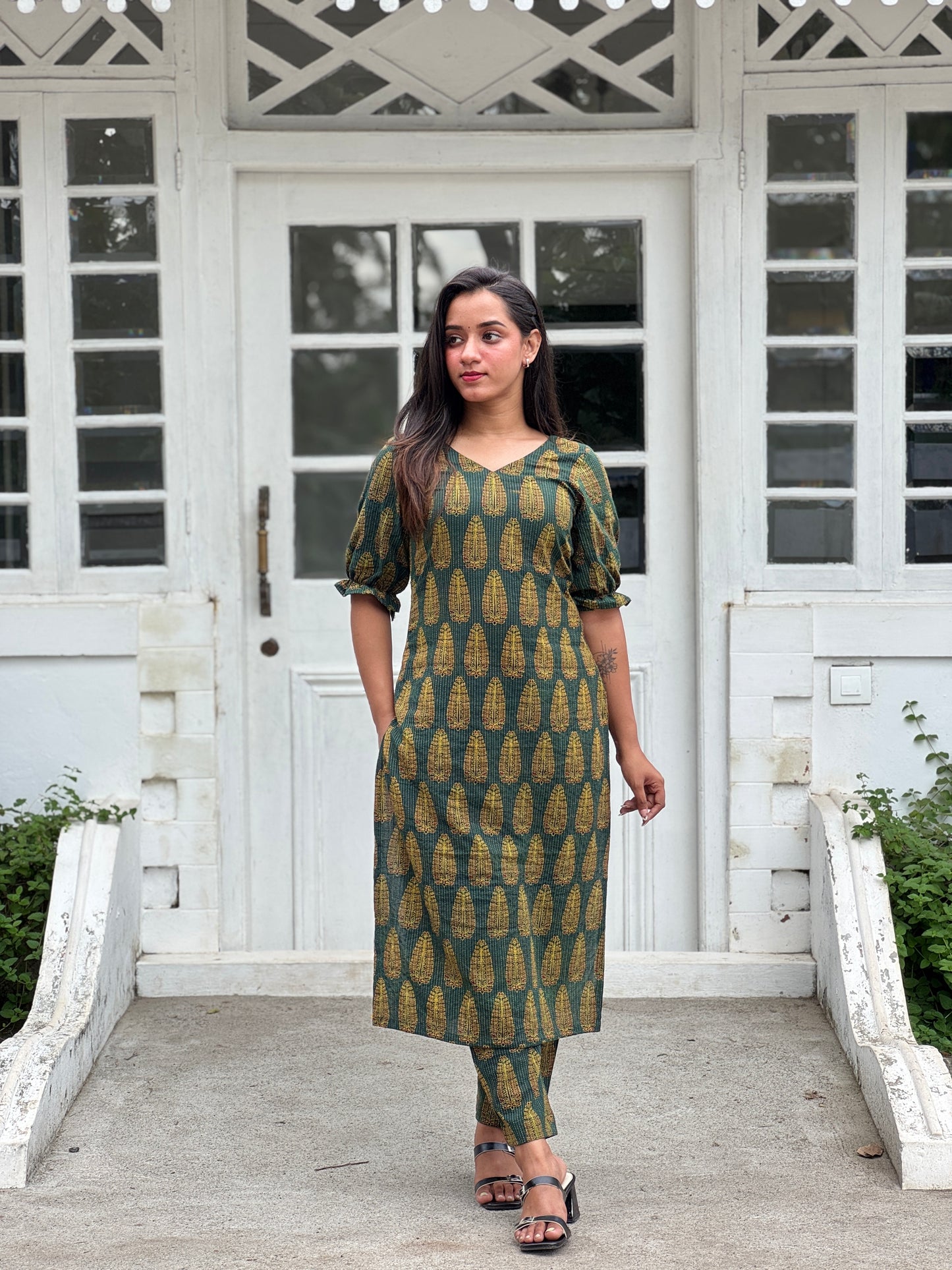 Ajrakh kantha green handblock printed kurta and pant set