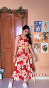 Red Floral Flared Cotton Dress