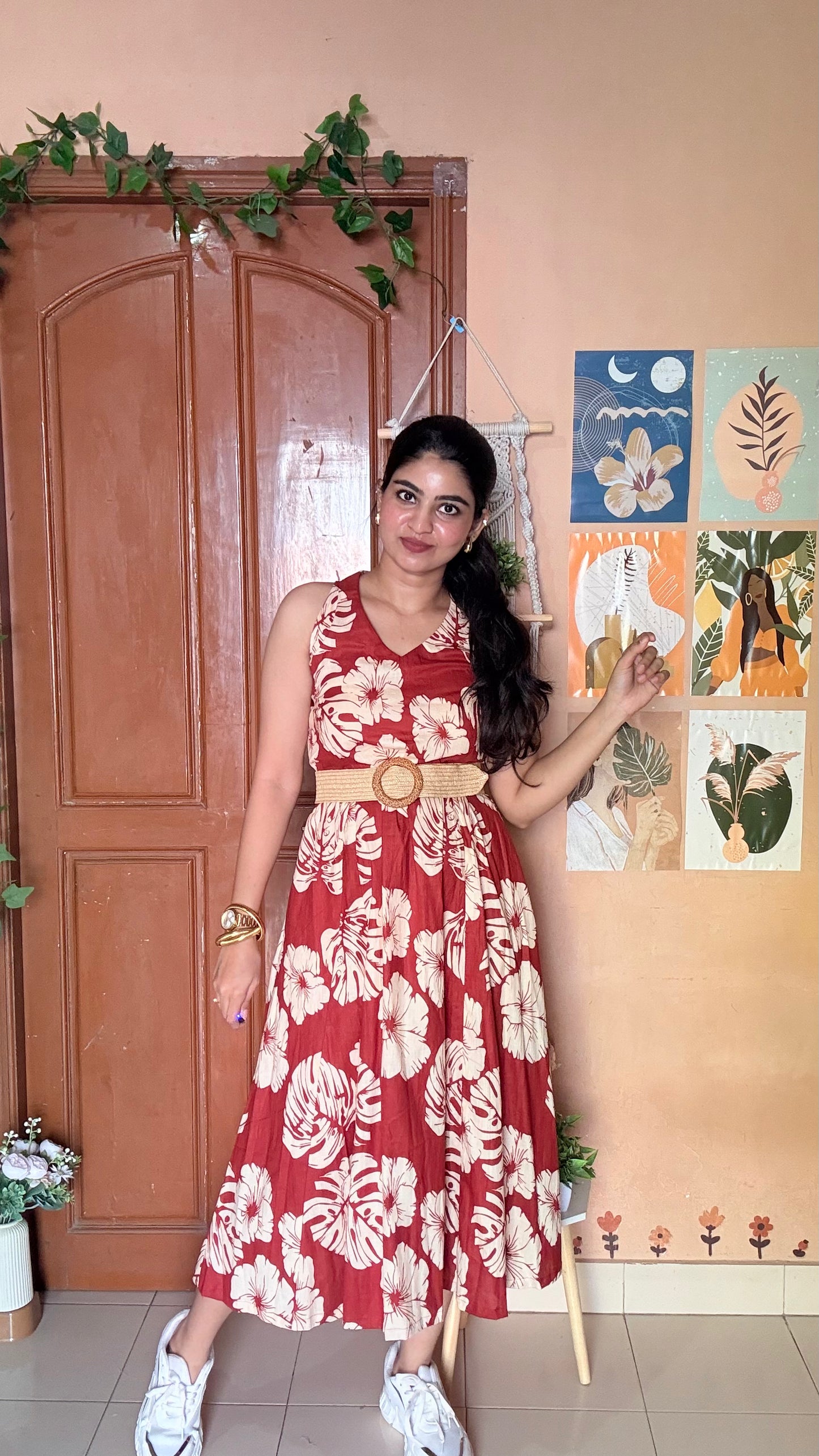 Red Floral Flared Cotton Dress