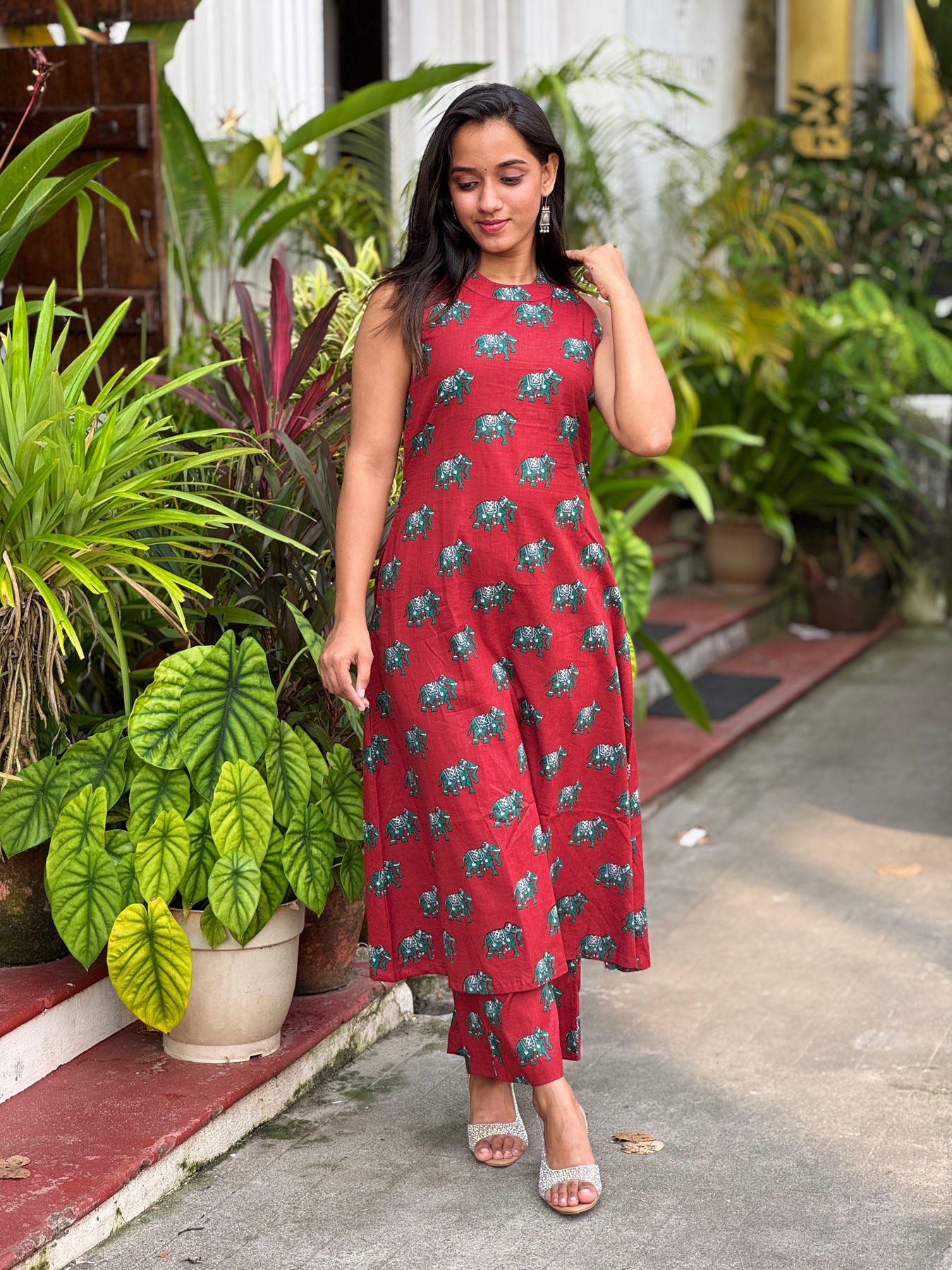 Red elephant printed closed neck Aline kurta with palazzo