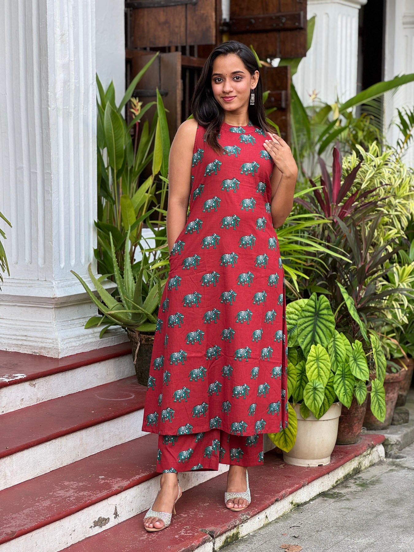 Red elephant printed closed neck Aline kurta with palazzo