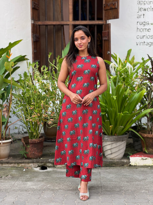 Red elephant printed closed neck Aline kurta with palazzo