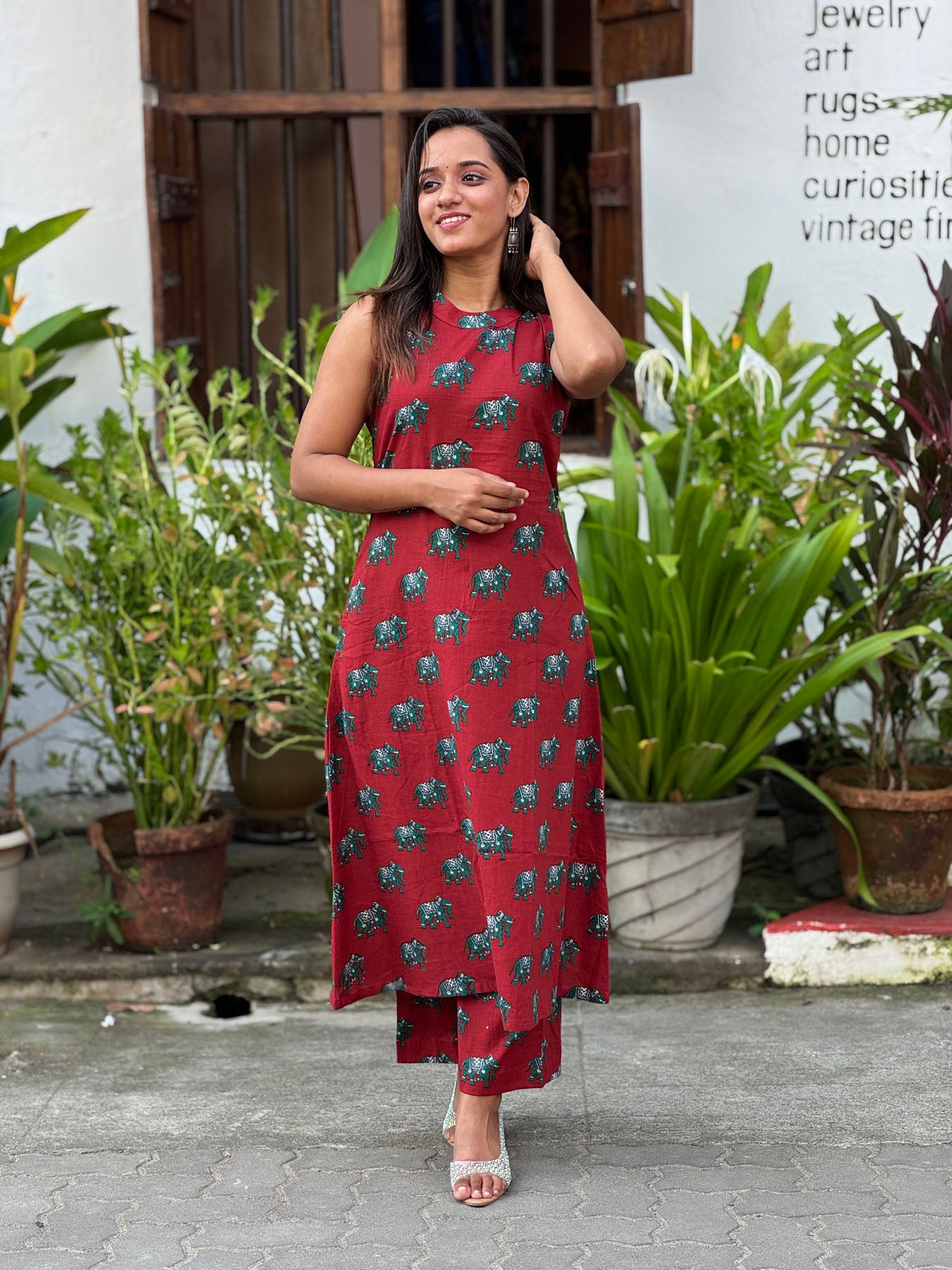 Red elephant printed closed neck Aline kurta with palazzo