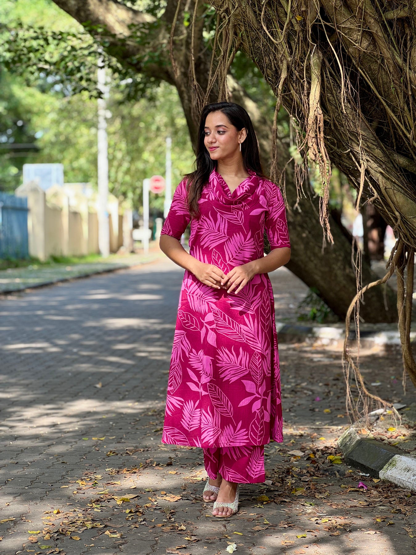 Pink cowl neck aline kurta with palazzo