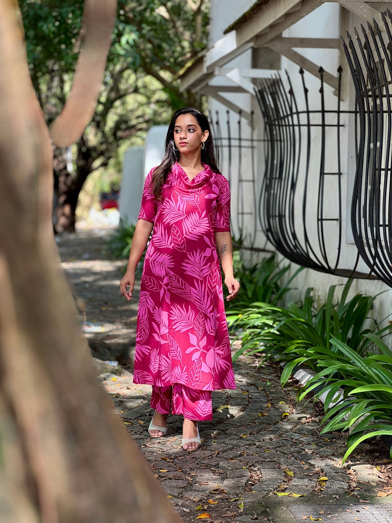 Pink cowl neck aline kurta with palazzo