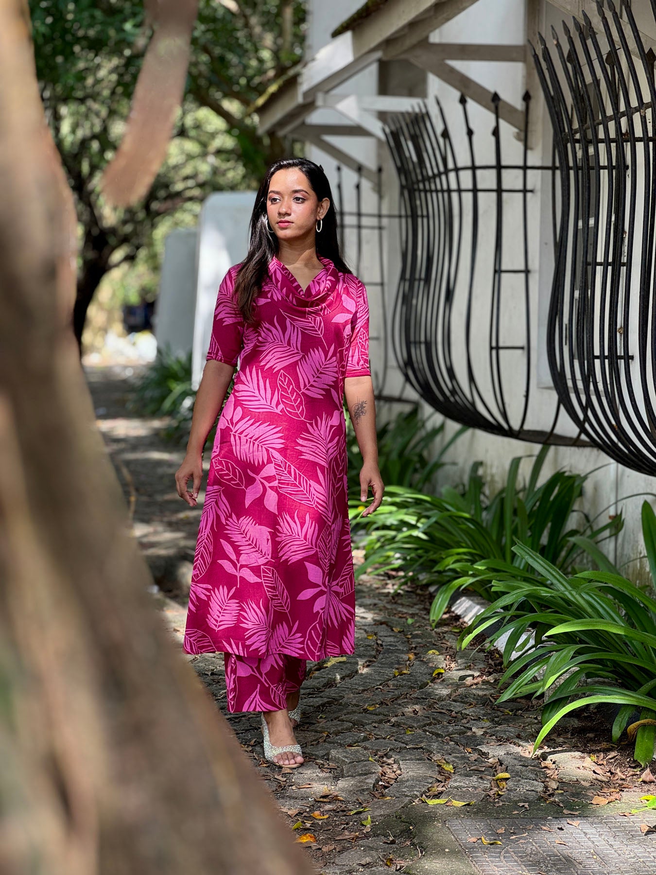 Pink cowl neck aline kurta with palazzo