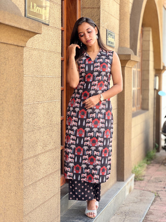 Black printed shirt collar kurta and palazzo set