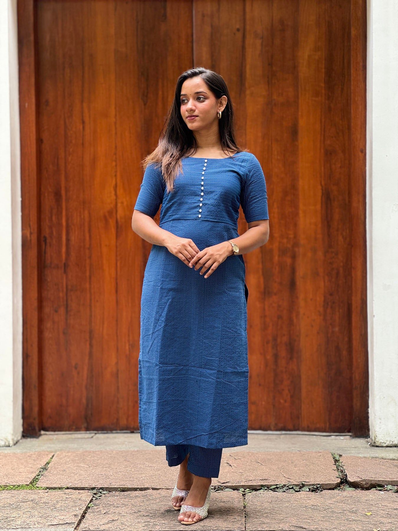 Teal blue kantha cotton kurta and pant set