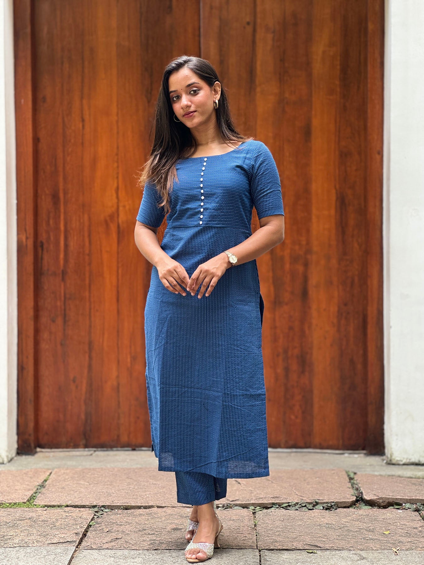 Teal blue kantha cotton kurta and pant set