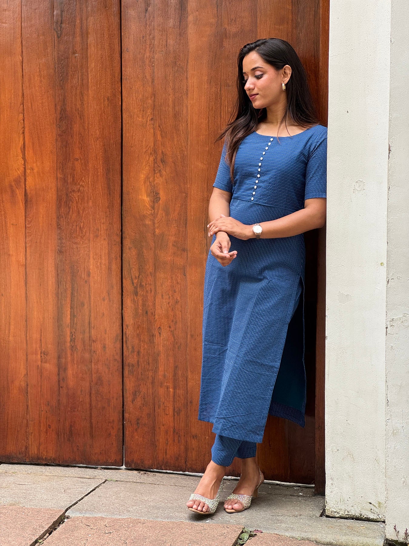 Teal blue kantha cotton kurta and pant set